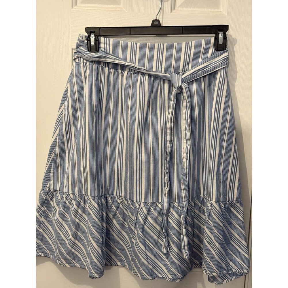 J Crew Blue Striped  Skirt  Nautical  Preppy Tie Belt Size 2 Classic Casual Chic
